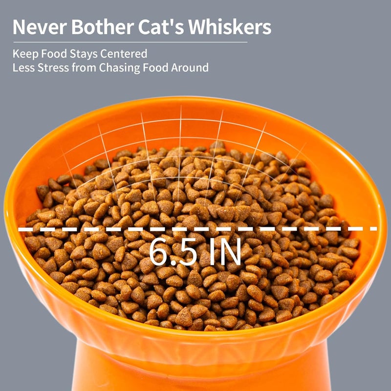 OMAYKEY 6.5 Inch Extra Wide Ceramic Raised Cat Bowl Set, Tilted Elevated Cat Bowls for Food and Water, Prevent Whisker Fatigue, Stress Free, Less Vomiting, Protect Spine, Lead & Cadmium Free, White & Orange - Image 4